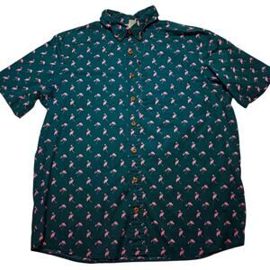 Duluth Trading Co. Mens Shirt Size Large Tall Green Pink Flamingos Print Relaxed
